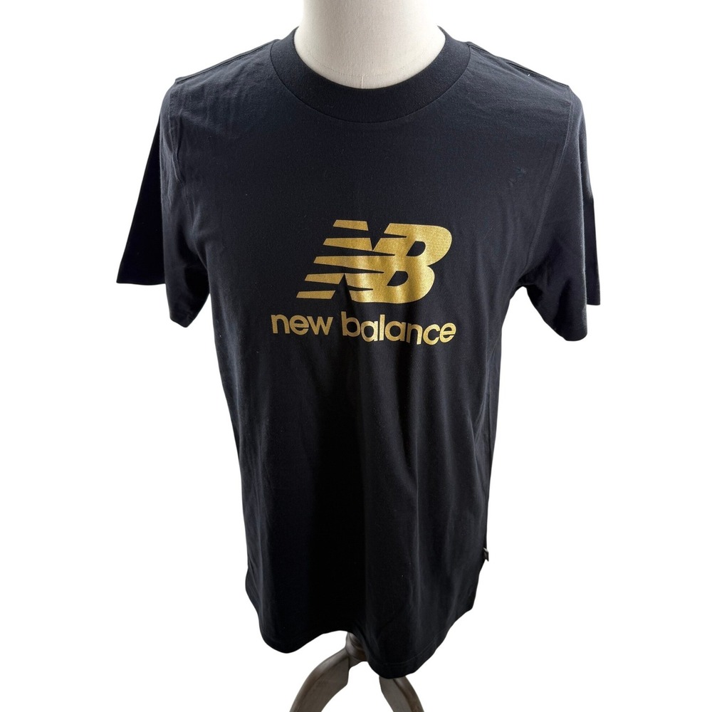New Balance Black Metallic Gold‎ Logo Short Sleeve Tee Shirt Size Medium NEW